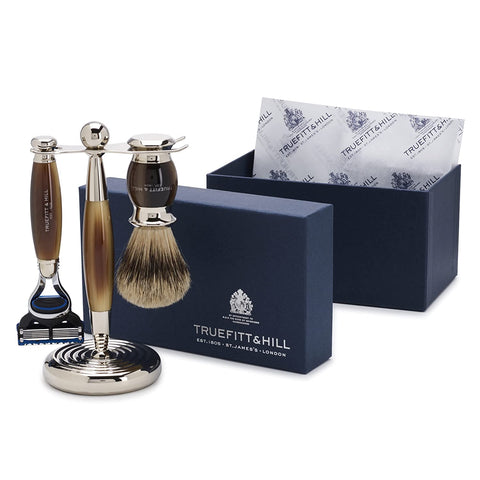 Truefitt & Hill Horn Brown Edwardian Collection Fusion Razor with Super Handmade Shaving Brush and German Steel Chrome Plated Stand